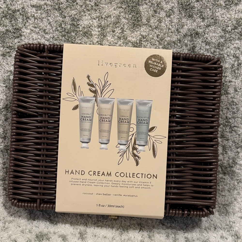 Livegreen Scented Hand Cream Collection in wicker basket NWT 4x1.0 oz
